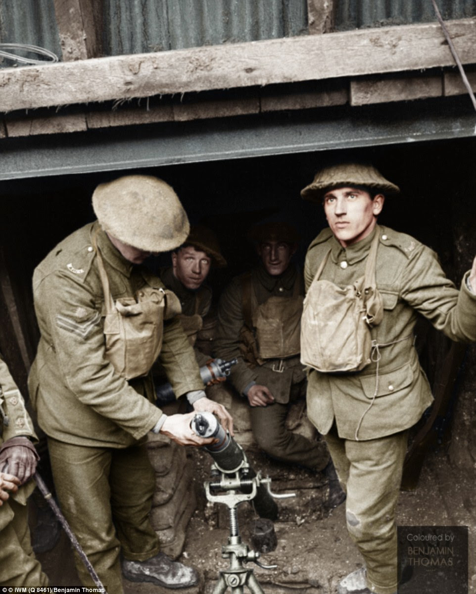 A mortar emplacement manned by soldiers in the West Yorkshire Regiment on February 6, 1918 (pictured)