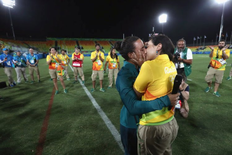 during the Women's Gold Medal Rugby Sevens match between Australia and New Zealand on Day 3 of the Rio 2016 Olympic Games at the Deodoro Stadium on August 8, 2016 in Rio de Janeiro, Brazil.