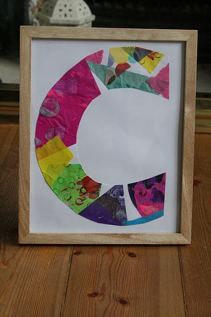Eric Carle Initial Art--paint tissue paper ans cut into random shapes when dry. Share colors and glue onto a large letter shape