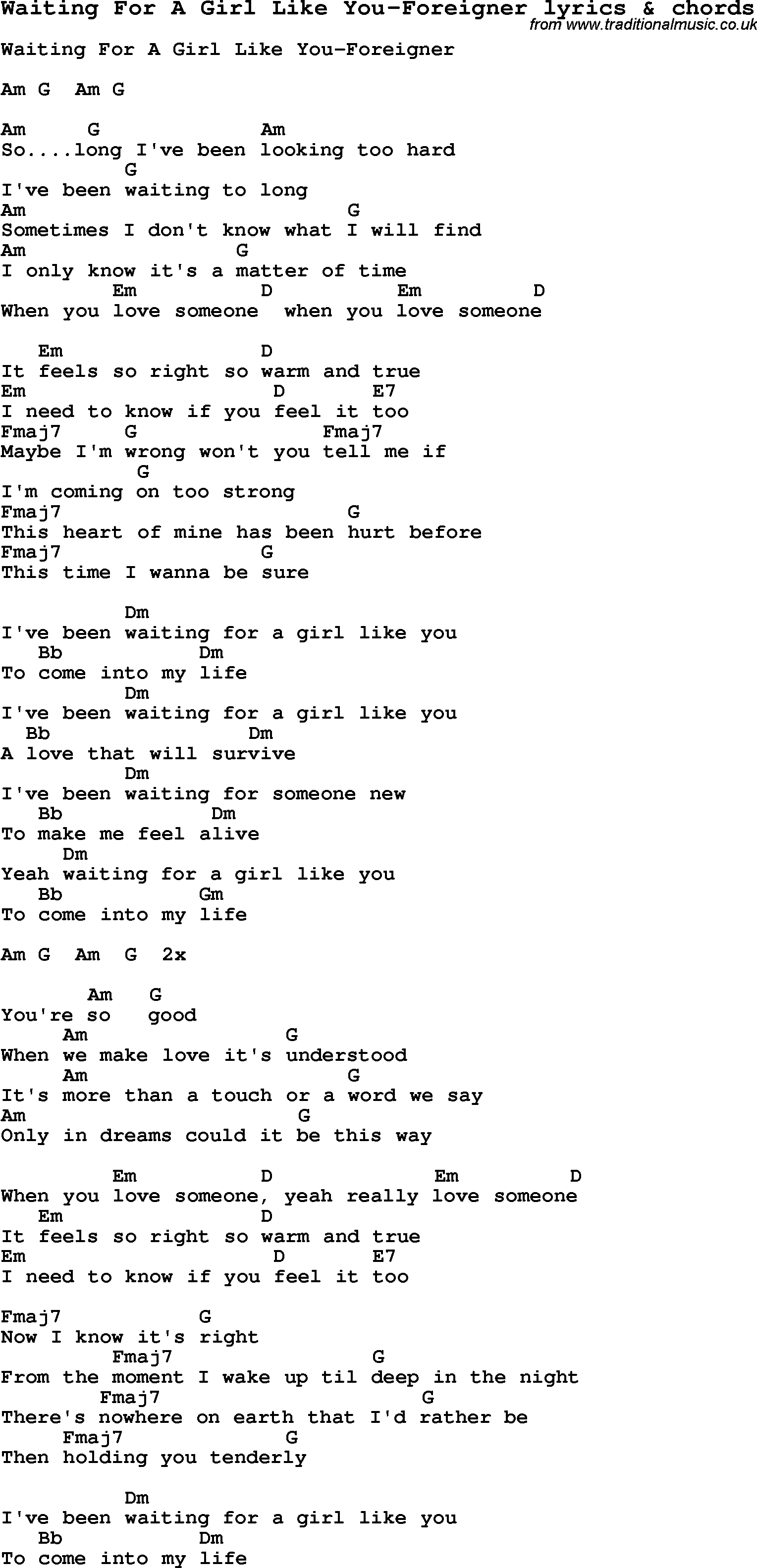 Foreigner Waiting For A Girl Like You Chords Girlwalls
