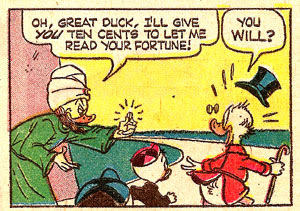 Look, Scrooge is wearin' his spring-loaded hat and pince-nez. Top Comics Uncle Scrooge #2 panel