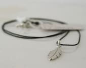 Sterling silver feather necklace with black silk cord - MikaStudio