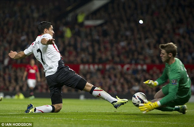 Saved: The Uruguay striker nearly got in on goal in the first half but was shut out by United keeper David De Gea
