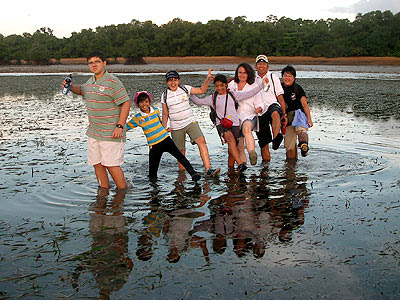 Dr Yaacob Ibrahim, Minister for the Environment and Water Resources, Singapore, with family and friends crossing the seagrass lagoon