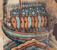 vikings sur leur barque, prets a l'assaut, miniature medievale