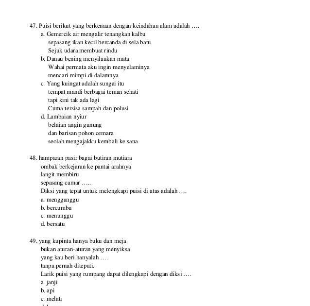 Soal Pilihan Ganda Teks Puisi Rakyat Gudang Belajar
