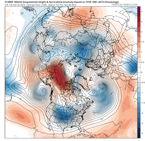 The development of an extremely intense blocking high over the Alaska side of the Arctic ocean will bring Siberian air to north America.