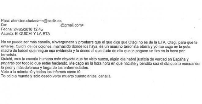 Mensaje amenazante recibido por el alcalde de Cádiz, José María González, Kichi.