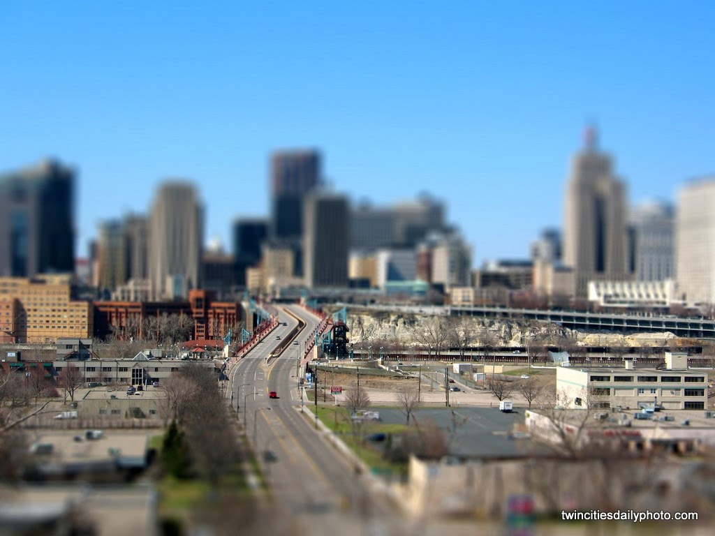 Downtown St Paul using the photo technique called tilt-shift.