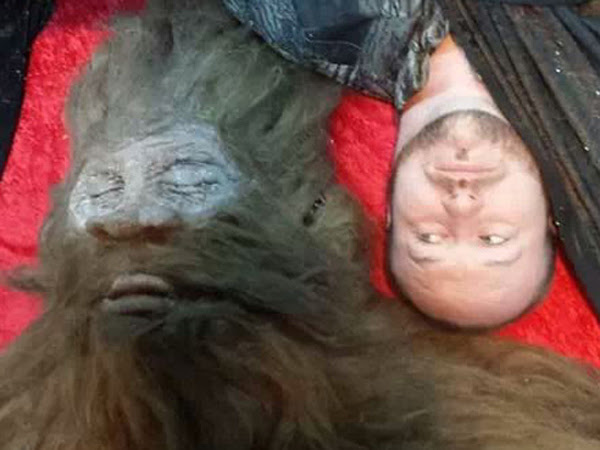 Bigfoot hunter Rick Dyer with creature he says he shot in San Antonio in Sept. 2012. This was taken after it was scientifically studied and taxonomied. 