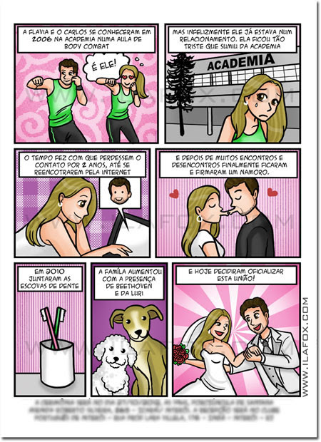 Convite em quadrinhos, convite personalizado, convite original casamento, história dos noivos, by ila fox