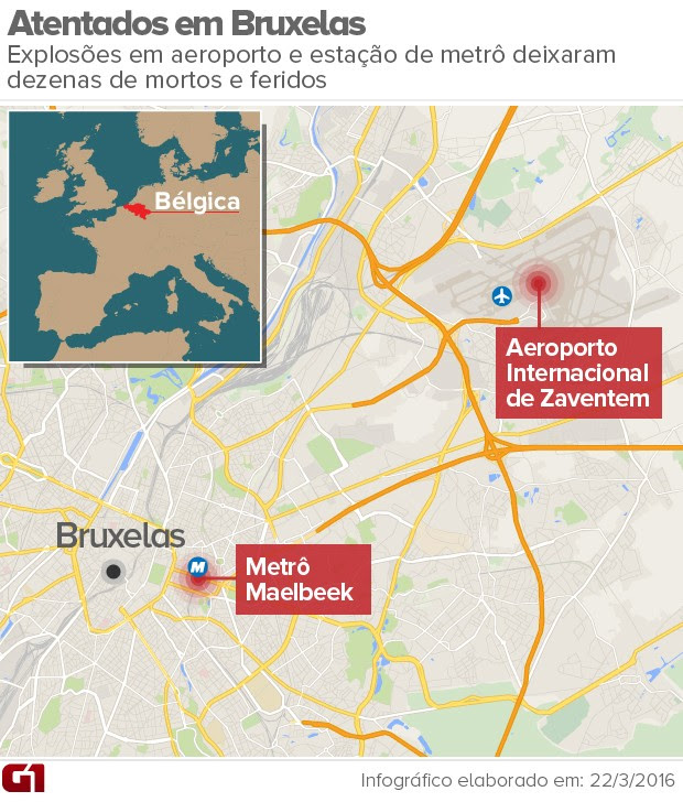 Mapa atentados de Bruxelas de 22/3/16 (Foto: Editoria de arte/G1)