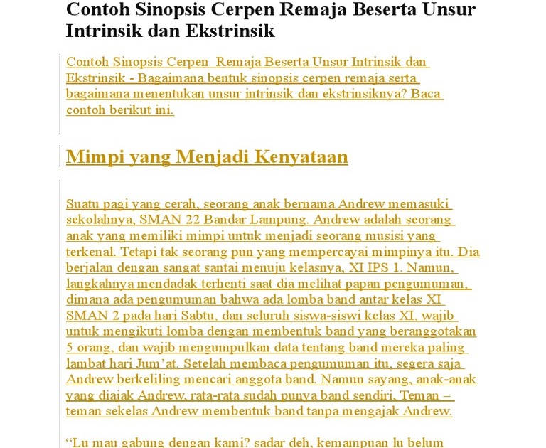 Contoh Cerpen Singkat Persahabatan Beserta Unsur Intrinsik Dan Ekstrinsik Dan Sinopsisnya