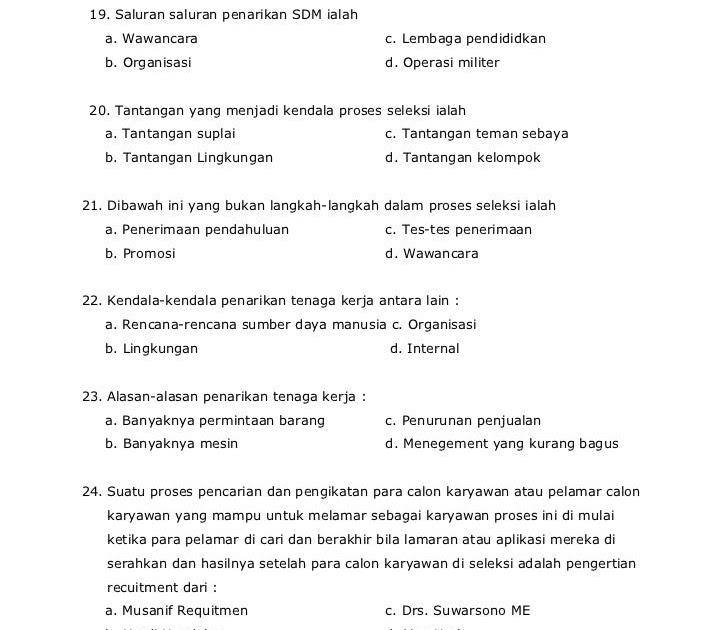 Contoh Soal Lamaran Pekerjaan Pilihan Ganda Dan Jawabannya - Soal