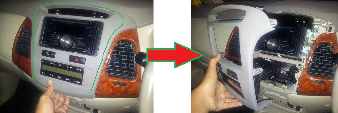 kemudain tarik panel switch AC mulai dari kawasan asbak tersebut mengikuti garis hijau sa DIY : Bongkar Dashboard Toyota Innova