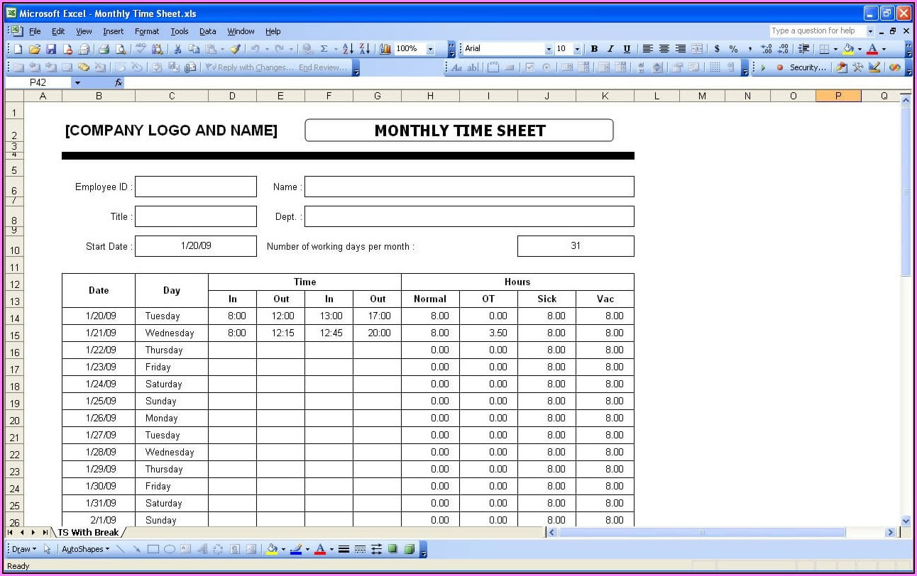 Download Excel Timesheet Template With Formulas Free Ugot