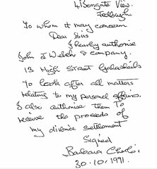 dictated letter Mrs Cherbi was forced to sign authorising Norman Howitt as her agent 1991