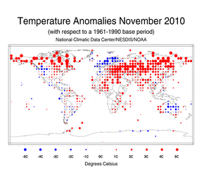 November 2010 Land Surface Temperature Anomalies in degree Celsius