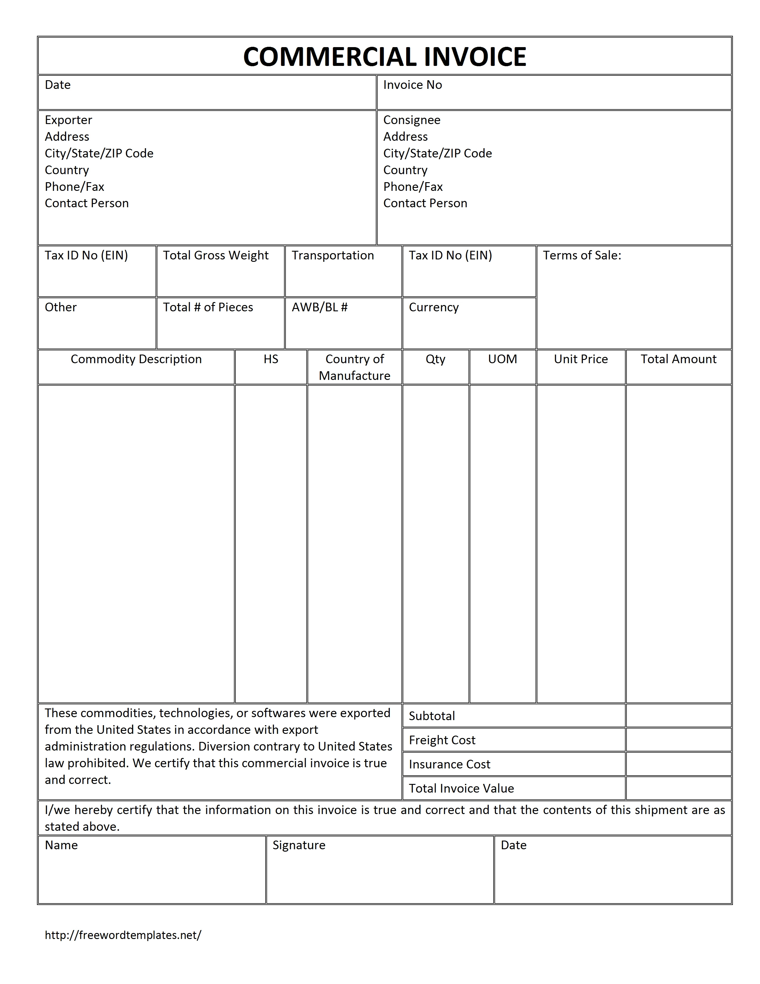 My Downloads COMMERCIAL INVOICE FORM TEMPLATE