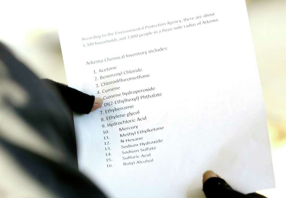 A list of chemicals at the Arkema plant was passed around to people who live near the chemical plant on Saturday, Nov. 11, 2017, in Crosby. Photo: Elizabeth Conley, Houston Chronicle / © 2017 Houston Chronicle