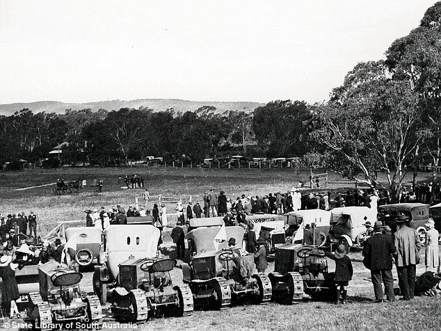 Tractors and cars are seen here lined up at the Golden Grove Show Day in 1920