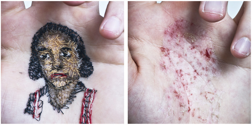 david cata sews portraits of his family into the palm of his hand