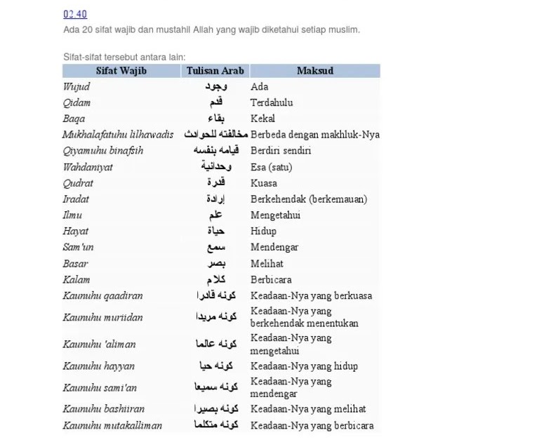 Tulisan Arab Tabel Sifat Wajib Allah Dan Artinya Sifat Wajib