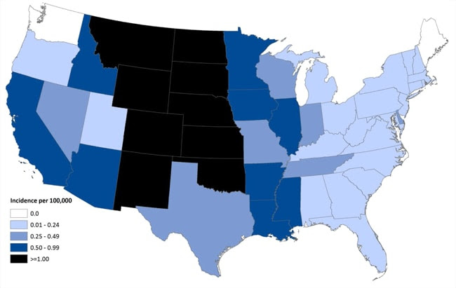 Map: Final West Nile virus (WNV) Neuroinvasive Diease Incidence reported to ArboNET by state, United States, 2011