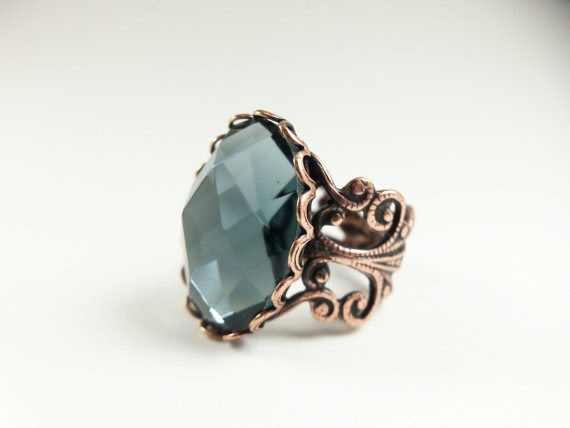 http://www.pinterest.com/pin/148970700145030756/ Gray Blue Ring - Copper Adjustable Ring - Glass Ring - Slate Blue Jewelry