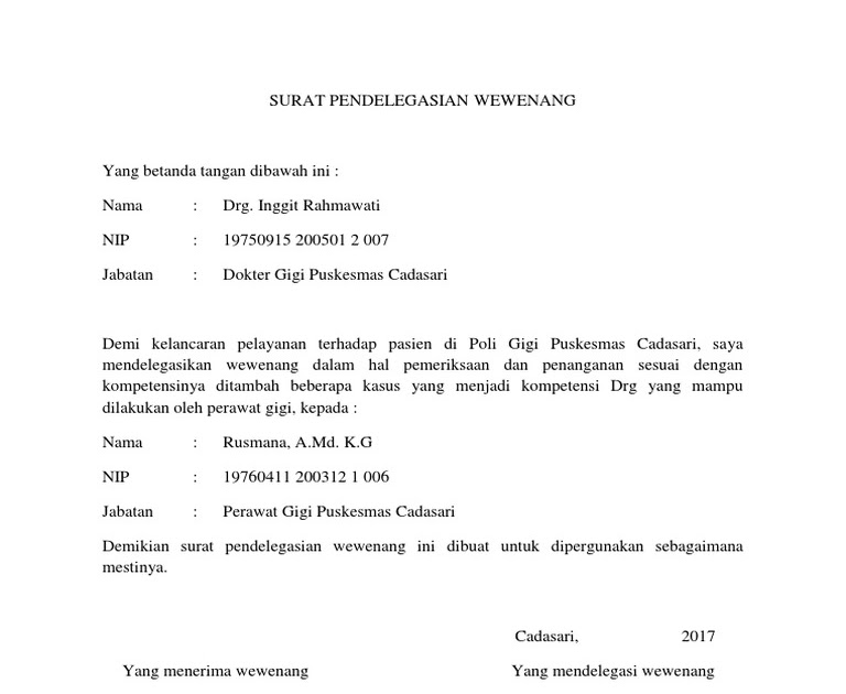 Contoh Surat Pelimpahan Wewenang Dokter Kepada Perawat