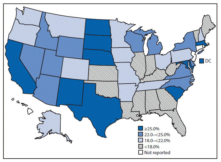  The figure above is a map of the United States showing that in 2014, 20.6% of pregnant women who smoked cigarettes during the first or second trimester, in a reporting area of 46 states and the District of Columbia, stopped smoking during pregnancy. Women in three states, South Dakota (31.3%), California (31.2%) and New Mexico (30.2%), as well as the District of Columbia (41.5%), reported the highest cessation rates during pregnancy. Kentucky (11.4%) and Maine (11.6%) reported the lowest cessation rates; cessation rates were generally lower for states in the Southeast. The reporting area included 3,819,113 births and represented 95% of all U.S. births in 2014.