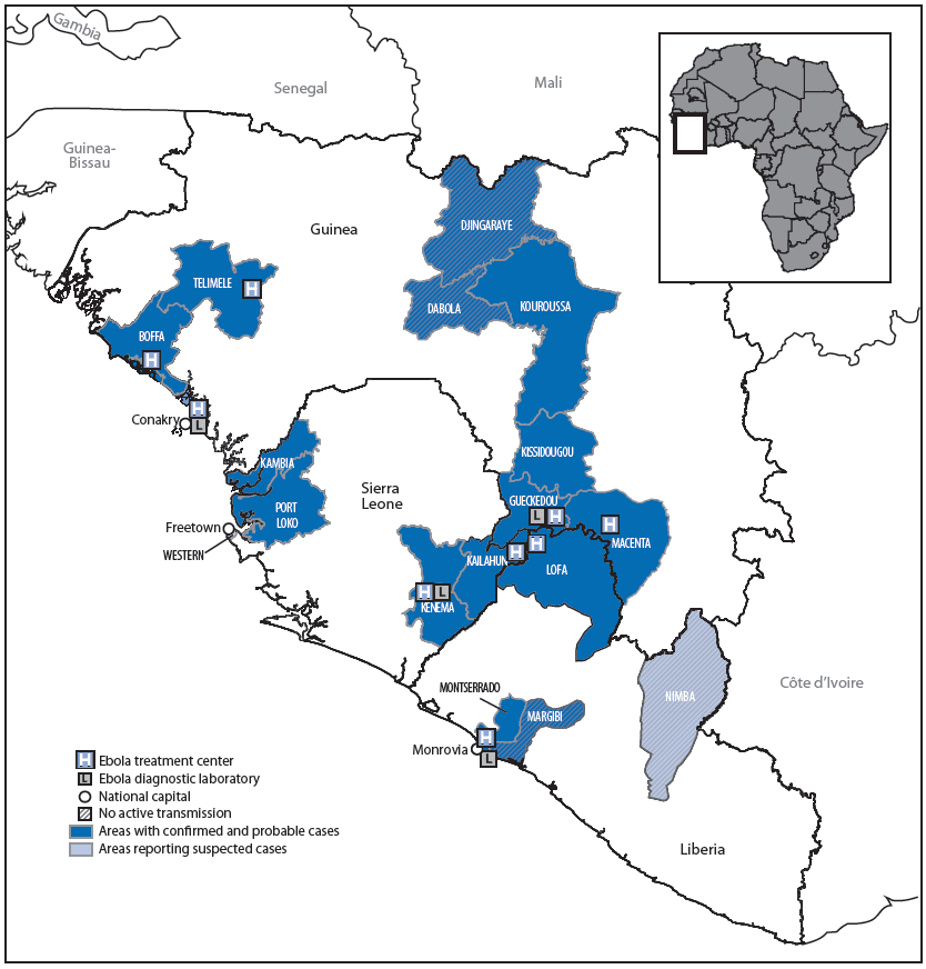 The figure above is a map of West Africa, showing the wide geographic spread of cases of Ebola viral disease during the ongoing outbreak. As of June 18, 2014, a total of 528 cases, including 337 deaths, had been reported from Guinea, Liberia, and Sierra Leone.