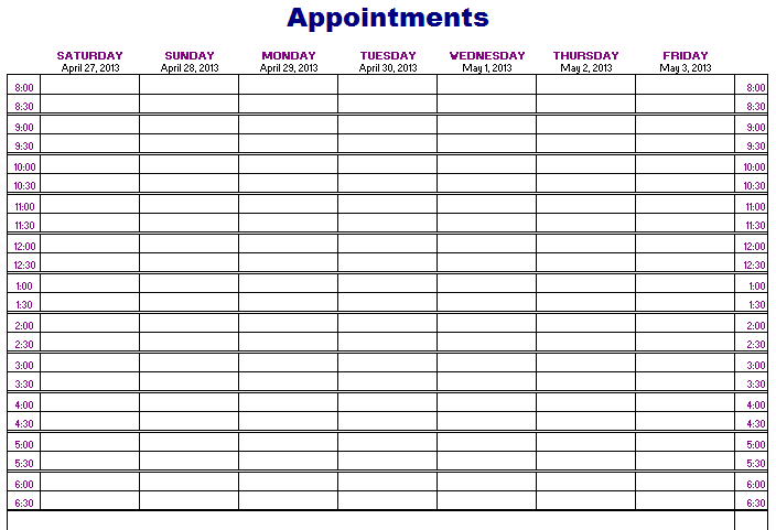 Free Printable Weekly Appointment Sheets Sablyan