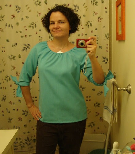 Simplicity 3835, view B with view C's elasticized neckline, ironed.