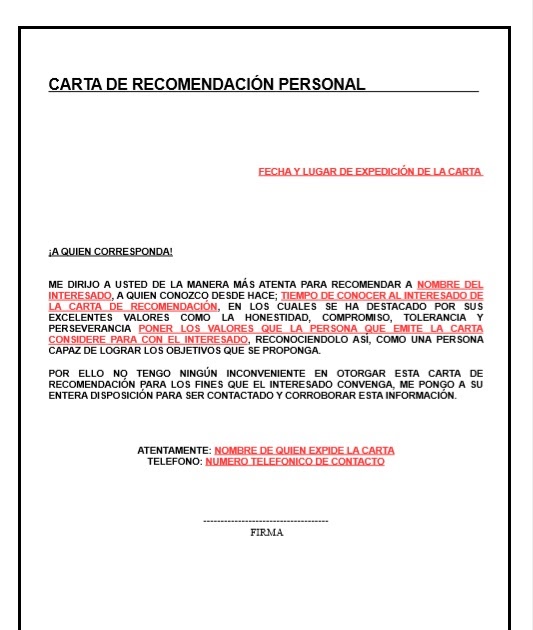 Carta De Recomendacion Hecha - s Carta De