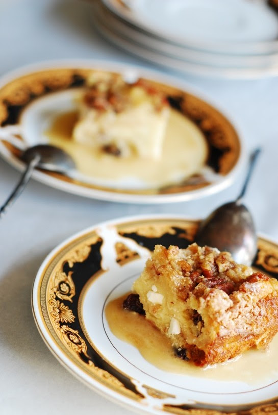Bread pudding with cream sauce, white chocolate, creme de cacao