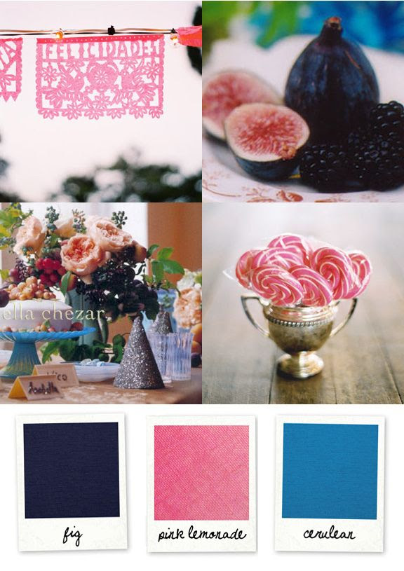 http://www.pinterest.com/pin/213287732322019609/ Palette: black fig purple, raspberry lemonade pink, cerulean blue Clockwise from top left: papel picado photo by Jonathan Canlas, fig and blackberry photo by Thayer Allyson Gowdy, lollipop photo by Jose Villa, flowers by Ariella Chezar