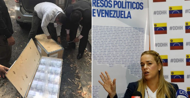 Agentes de la policía científica registran las cajas con dineros de la opositora Lilian Tintori (derecha)- AGENCIAS