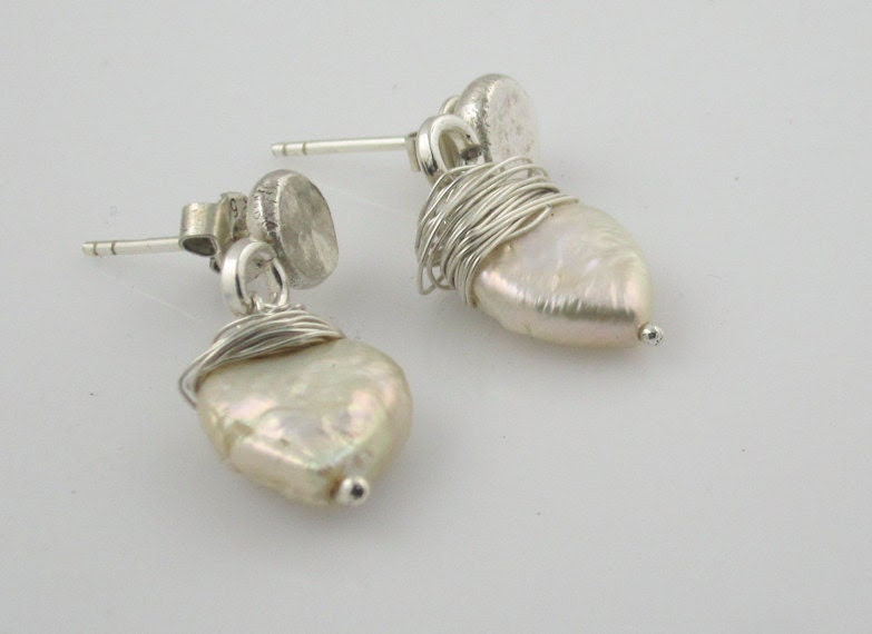 Pearl Drop Earrings - White Heart Shaped Pearl - Sterling Silver - Stud, Post Earrings -  Everyday Use- - serpilguneysudesigns