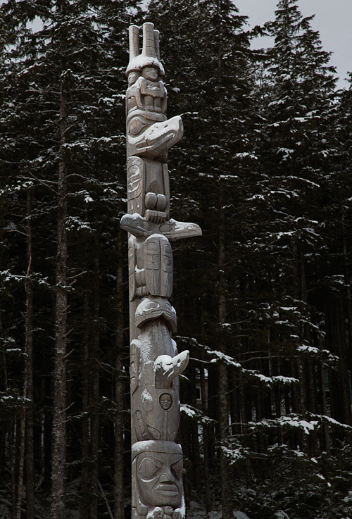 the Unity Pole with snow, Kasaan, Alaska
