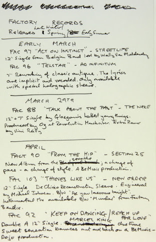 A change of pace - a change of style - Handwritten Factory Records release schedule for Late Winter / Spring / Early Summer 1984