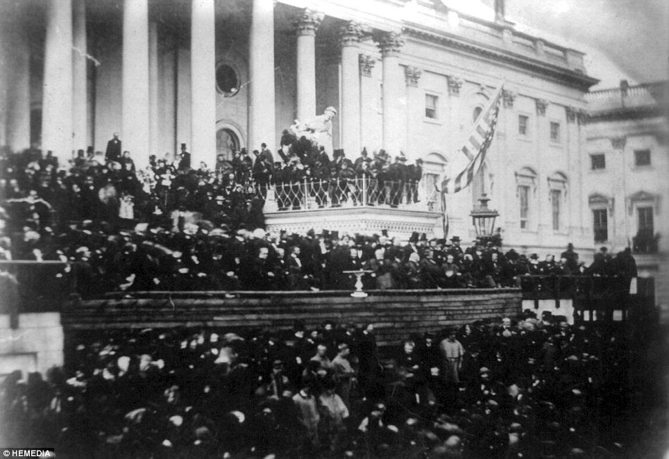 President Abraham Lincoln delivering second inaugural address in front of the United States Capitol, March 4, 1865