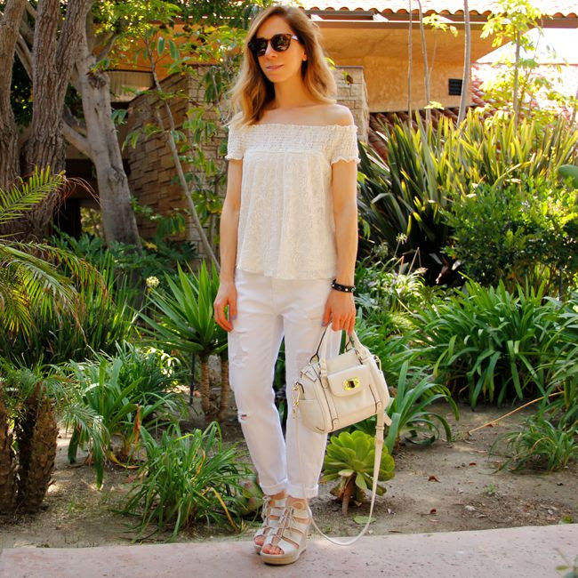 how to wear an off-the-shoulder top, Target Style lace top and Mossimo boyfriend jeans