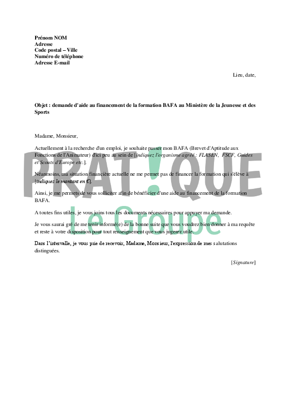 Lettre De Demande De Financement  Lettre 234