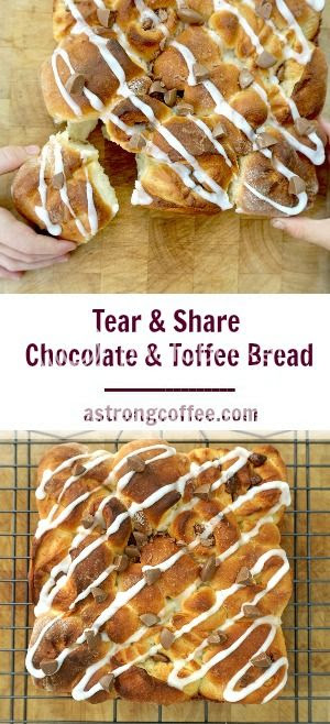 This tear and share bread is delicious. It is filled with toffee sauce and chocolate chips. If you make it you might not want to share it!