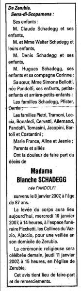 notice décès Blanche Schadegg née Pandolfi 8 janvier 2007