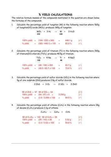 Chemistry Percent Yield Worksheet Answers