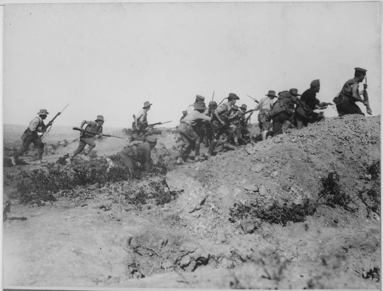 File:Scene just before the evacuation at Anzac. Australian troops charging near a Turkish trench. When they got there the... - NARA - 533108.tif