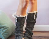 Smoke Gray Lacy Knitted Button Down Leg Warmers Boot Cuffs (LWK1) with Crochet Trim Button Up LegWarmers - ThreeBirdNest