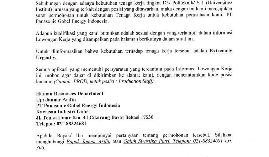 Contoh Surat Lamaran Kerja Ke Pt Epson Contoh Surat